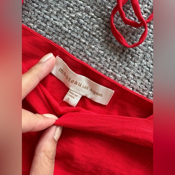 Monteau Red Puff Sleeve Square Neck Mini Dress with Belt Size L - Picture 3 of 9